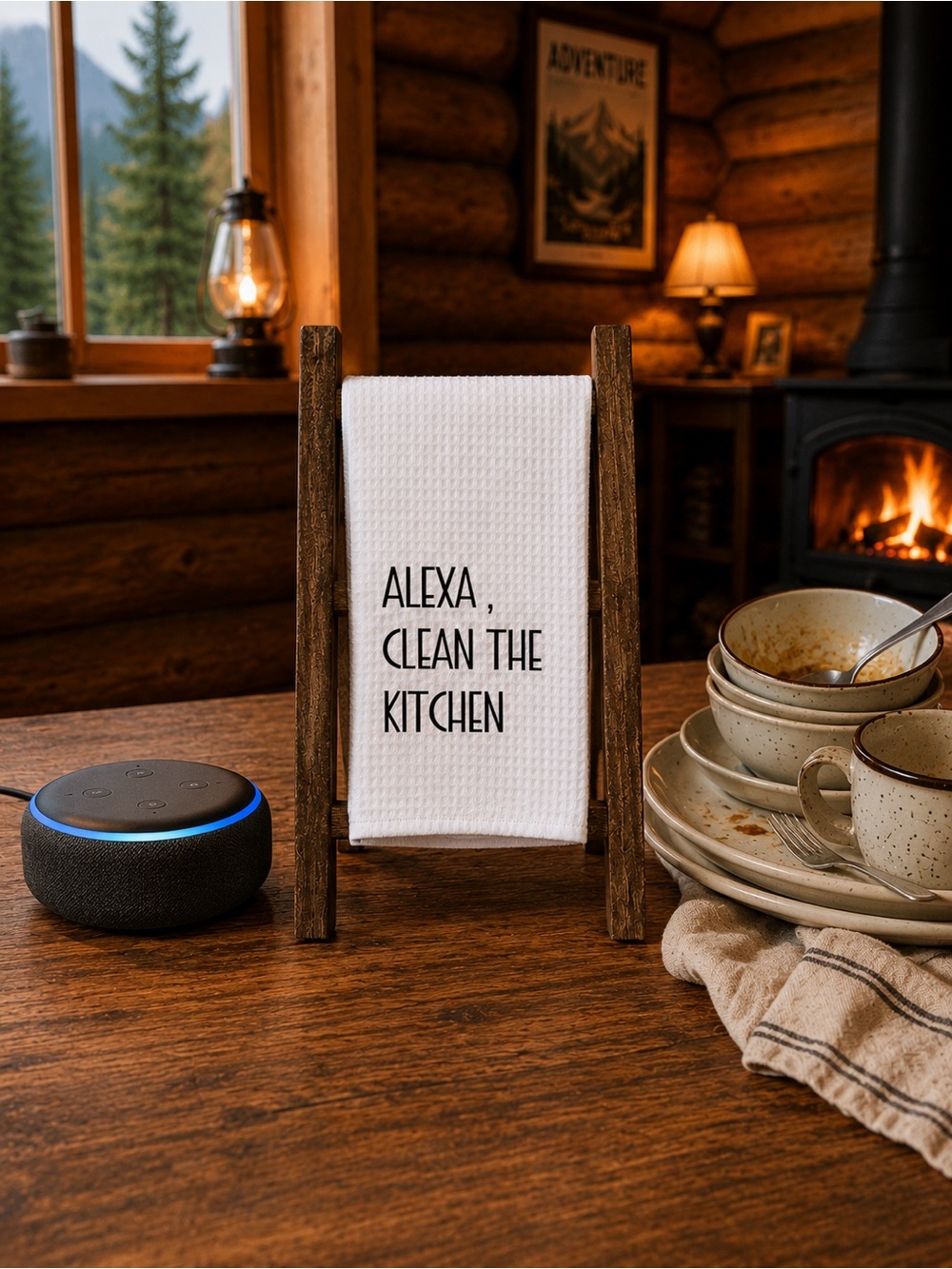 White Waffle Weave Kitchen Towel with Alexa Clean The Kitchen Text
